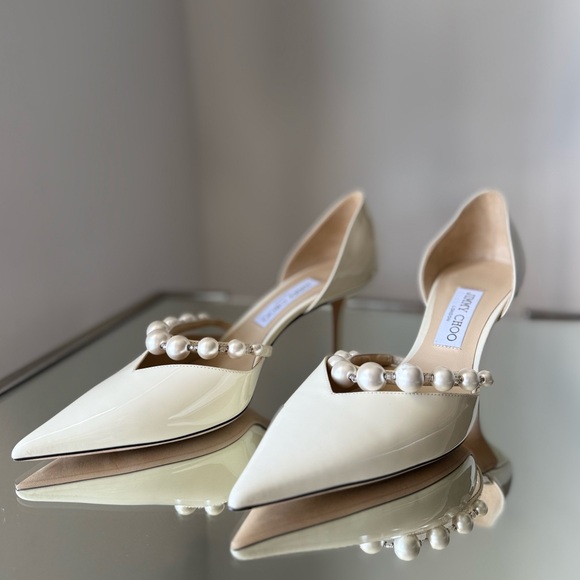 New Jimmy Choo Aurelie 65 Latte Patent Leather Pointed Pumps with Pears $995 - Picture 8 of 14